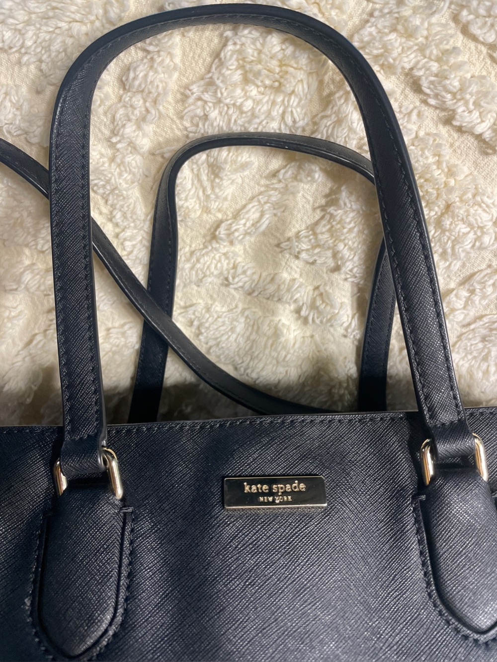 kate spade Black Saffiano Leather Double-Handle Tote with Gold Hardware